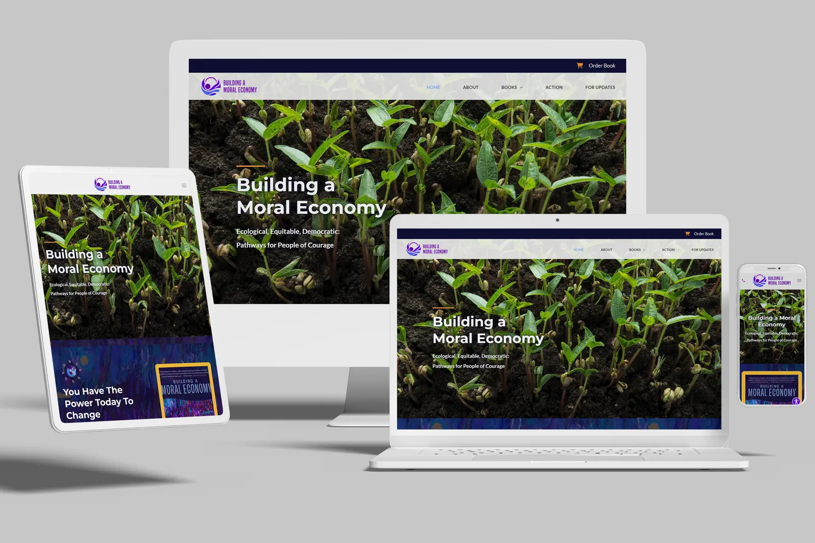 Book series website shown on desktop, laptop, tablet and phone