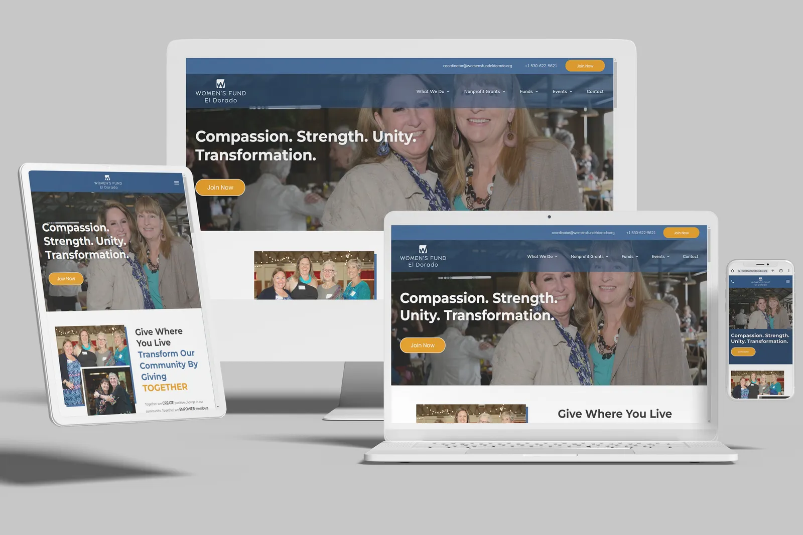 Women's philanthropy fund website shown on desktop, laptop, tablet and phone