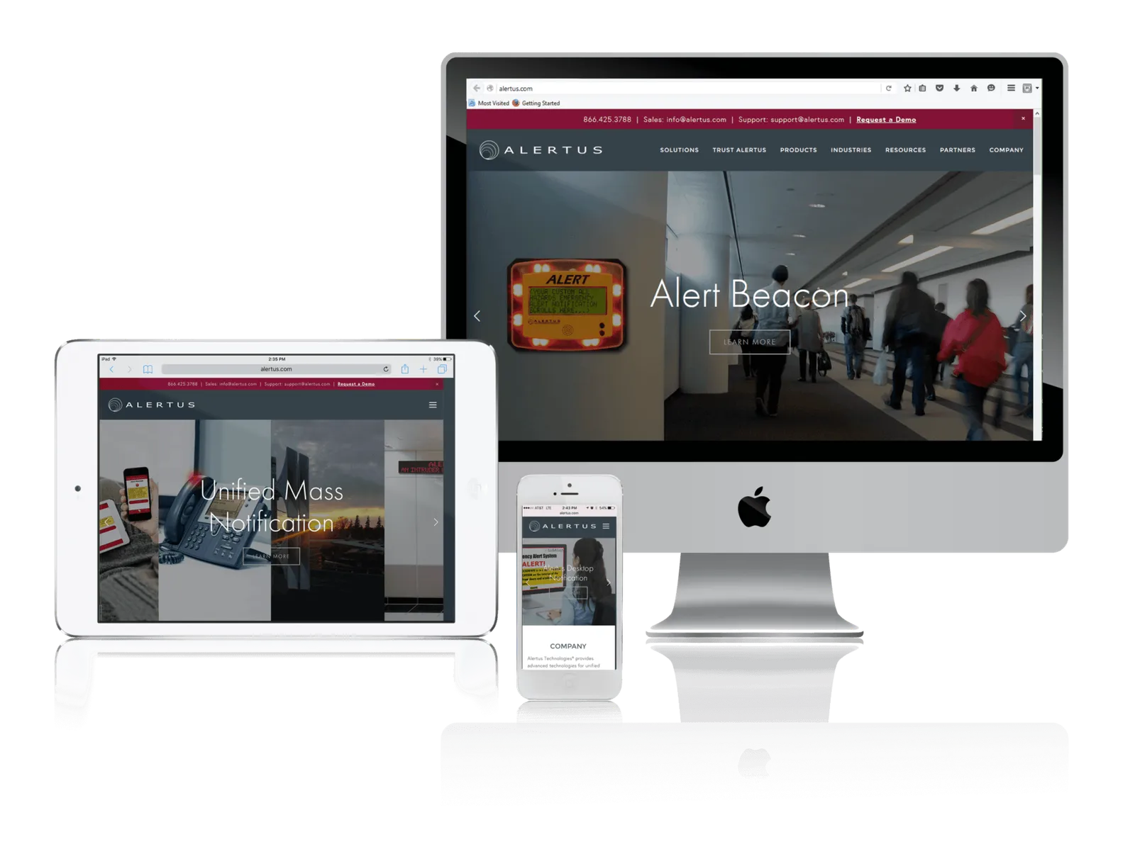 Emergency alert systems company website shown on desktop, laptop, tablet and phone