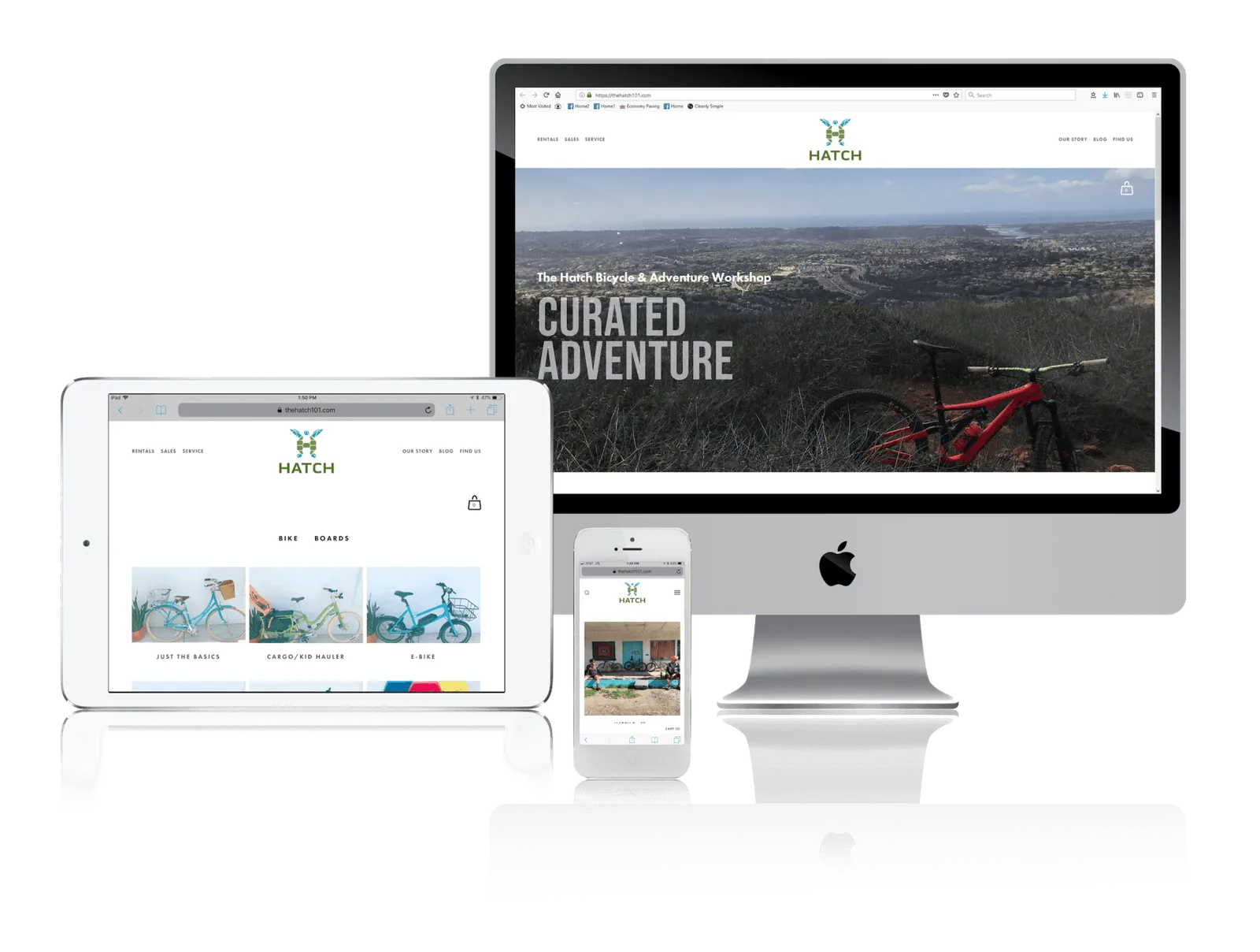 Encinitas bike and surf rental shop website shown on desktop, laptop, tablet and phone