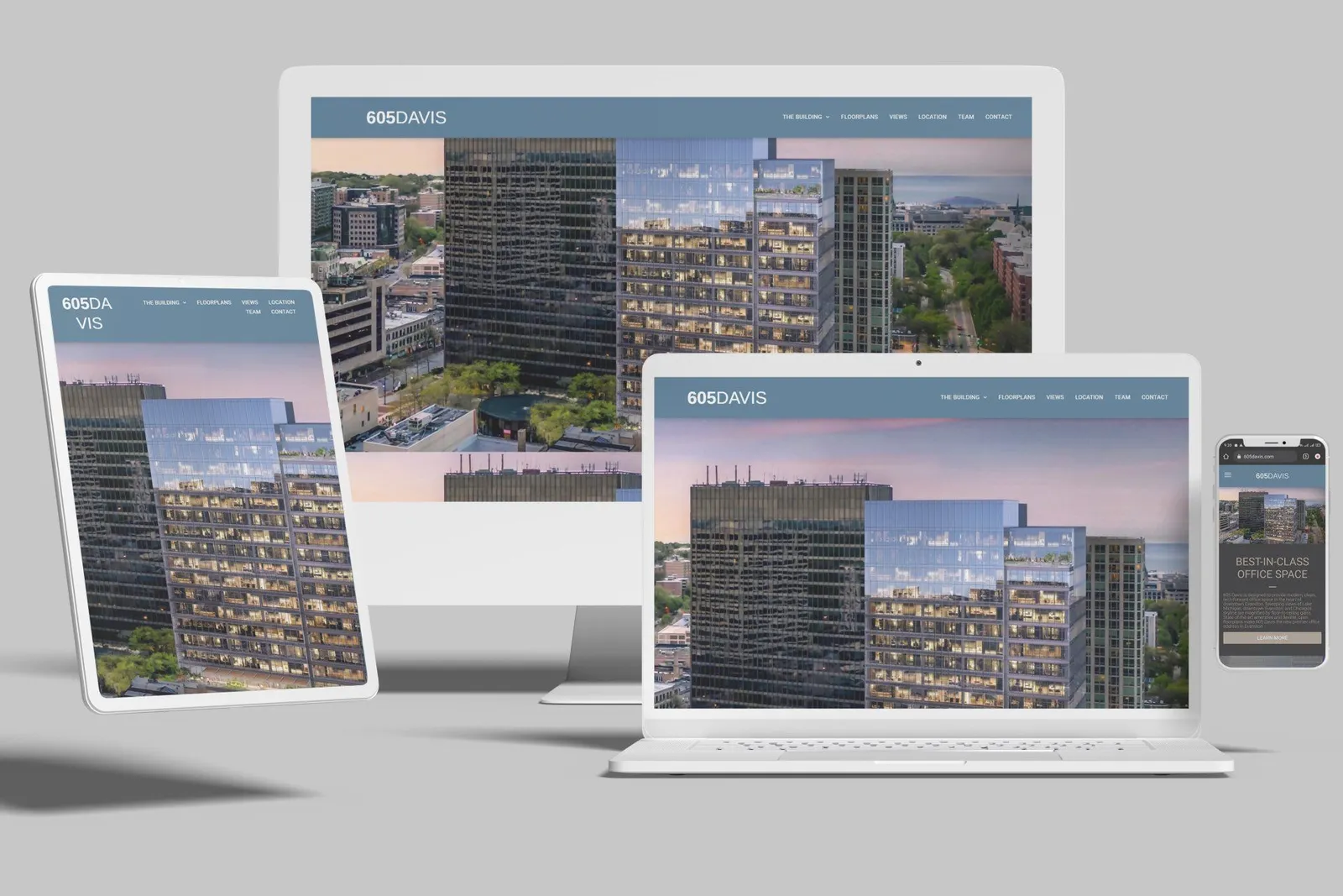 Commercial office building website shown on desktop, laptop, tablet and phone