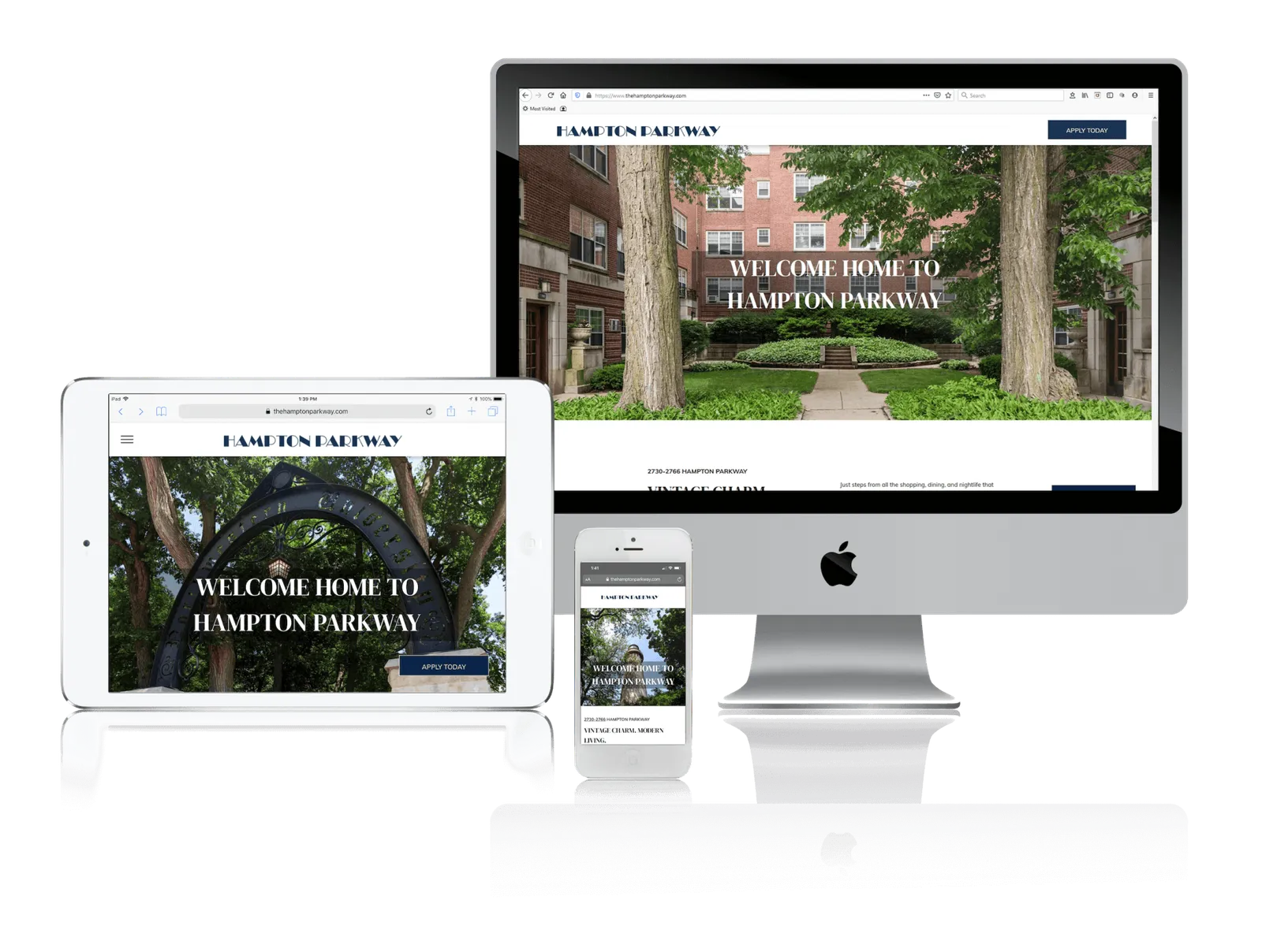 Apartment building website shown on desktop, laptop, tablet and phone