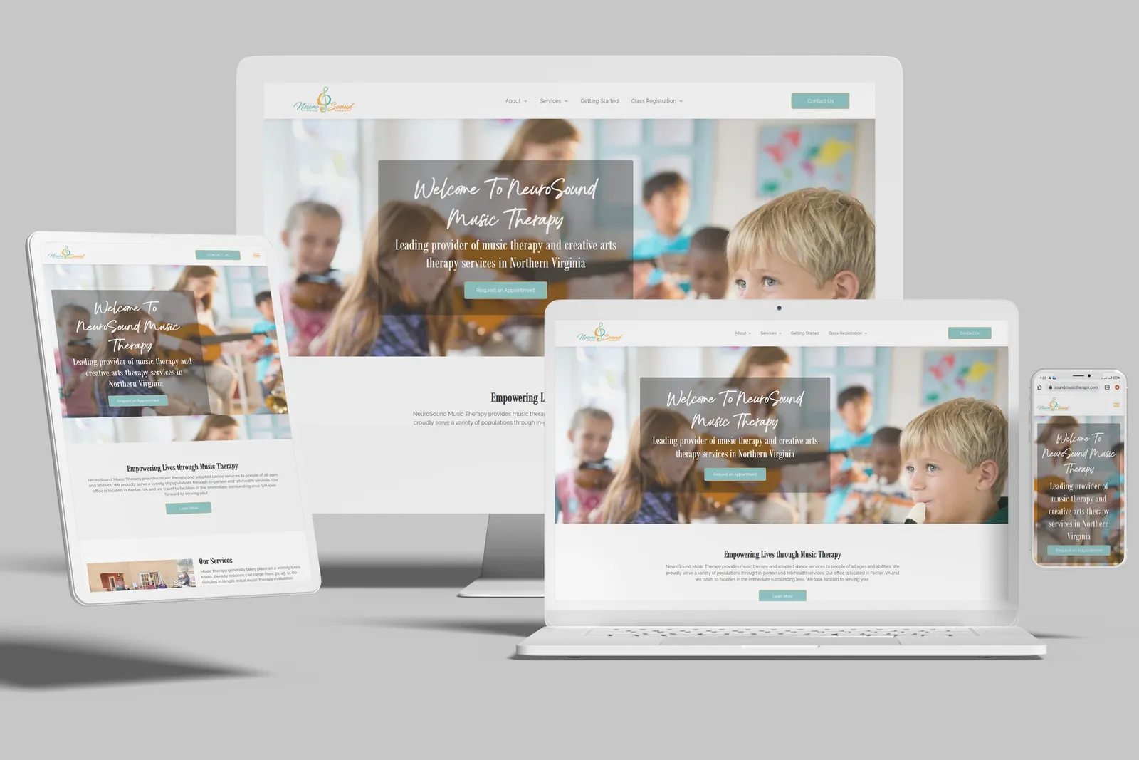 Music therapy website shown on desktop, laptop, tablet and phone