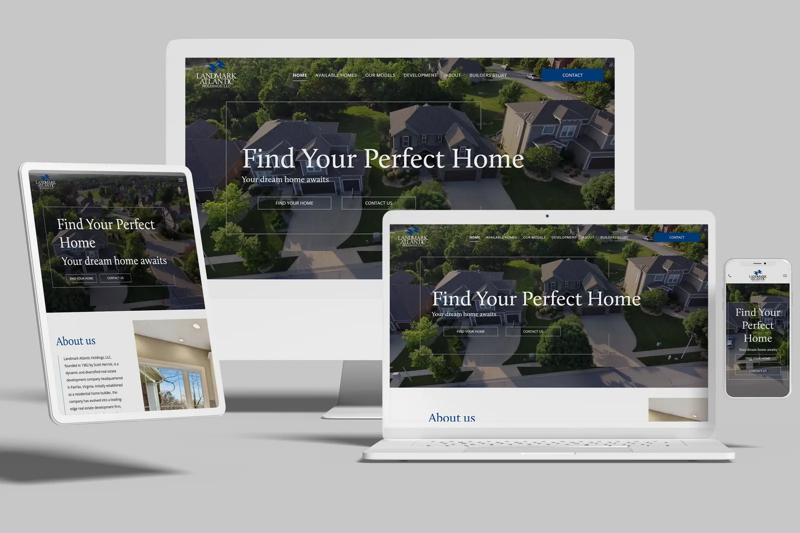 Real estate company website shown on desktop, laptop, tablet and phone