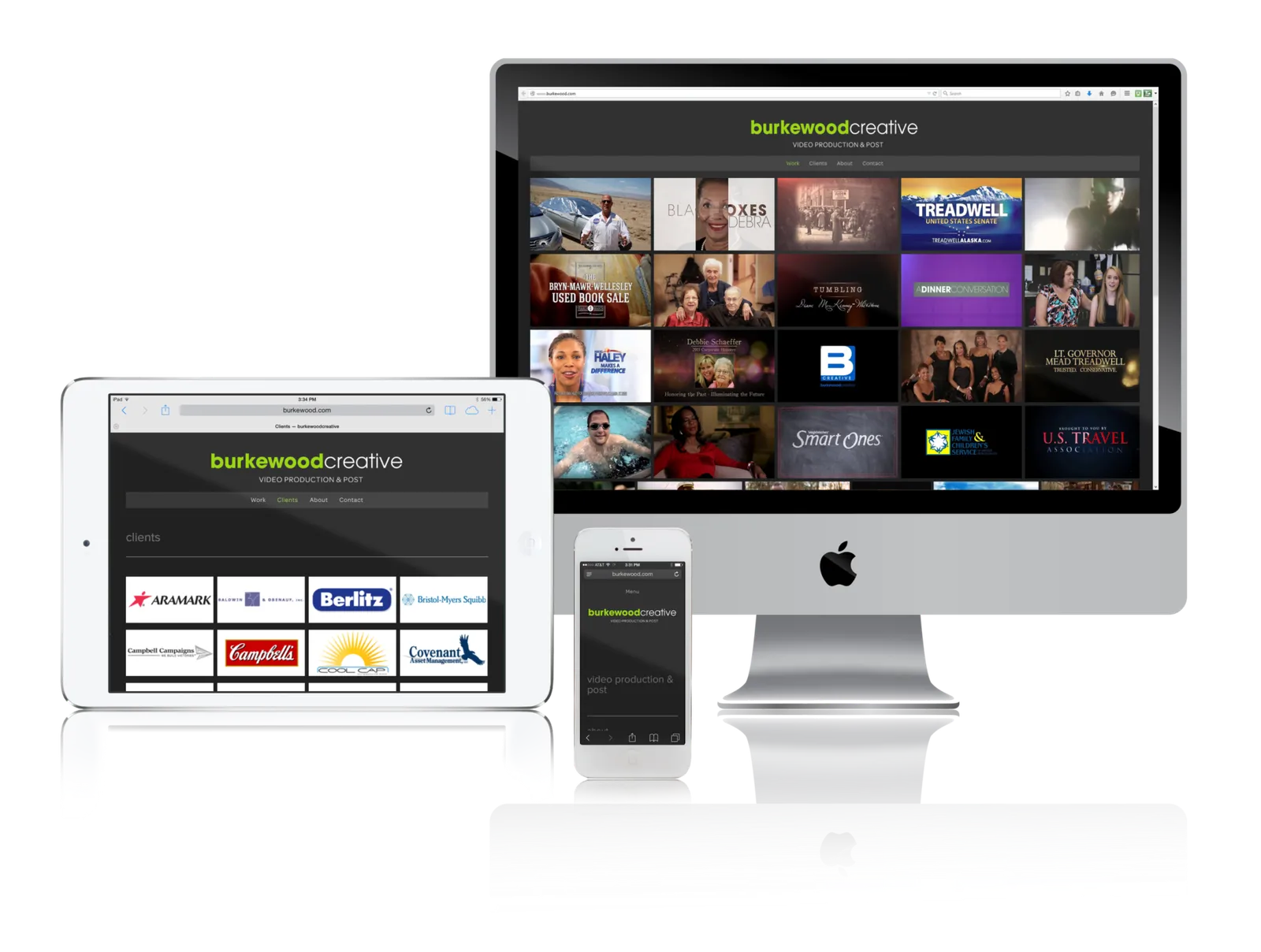 Video production company website shown on desktop, laptop, tablet and phone