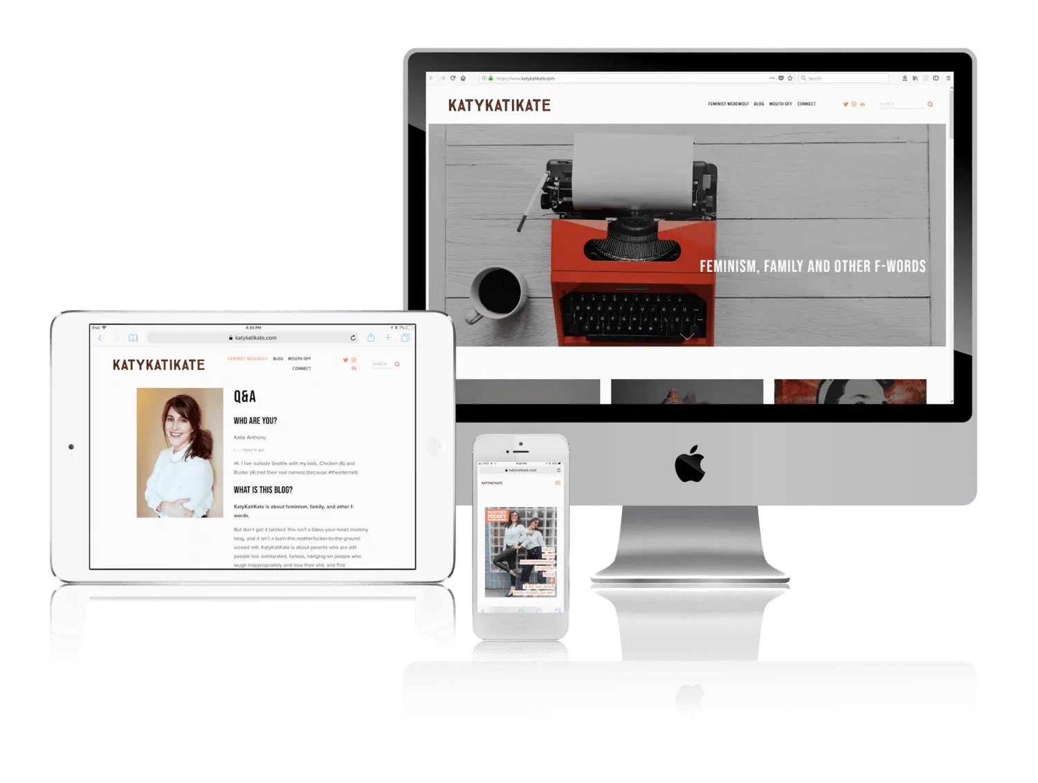 Feminist blogger website shown on desktop, laptop, tablet and phone