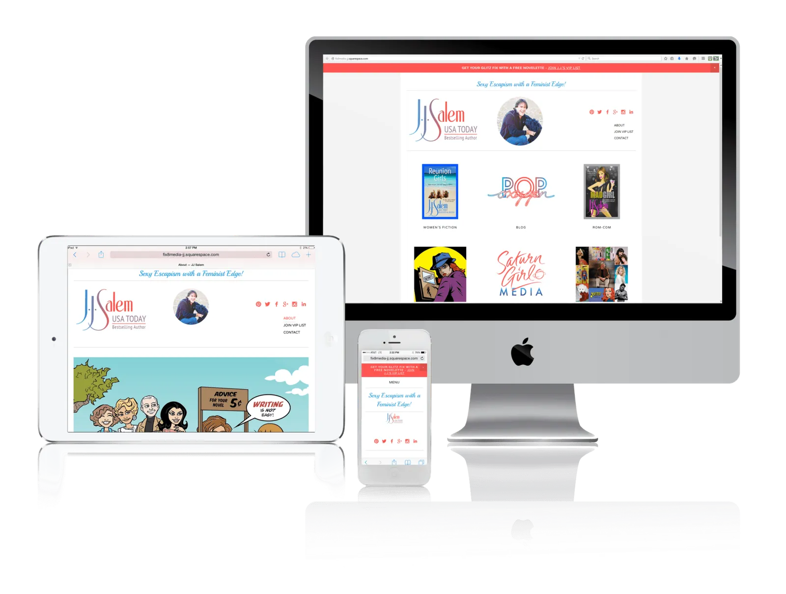 Fiction author website shown on desktop, laptop, tablet and phone