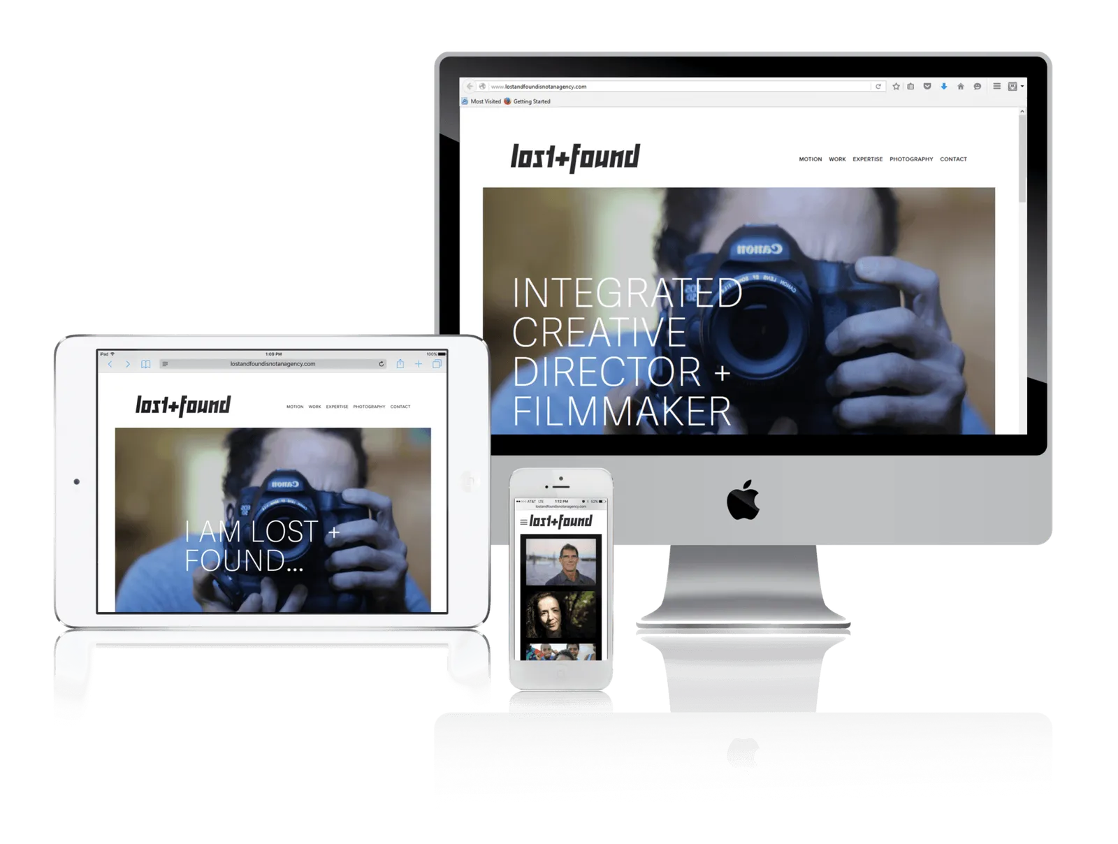 Filmmaker and photographer portfolio website shown on desktop, laptop, tablet and phone