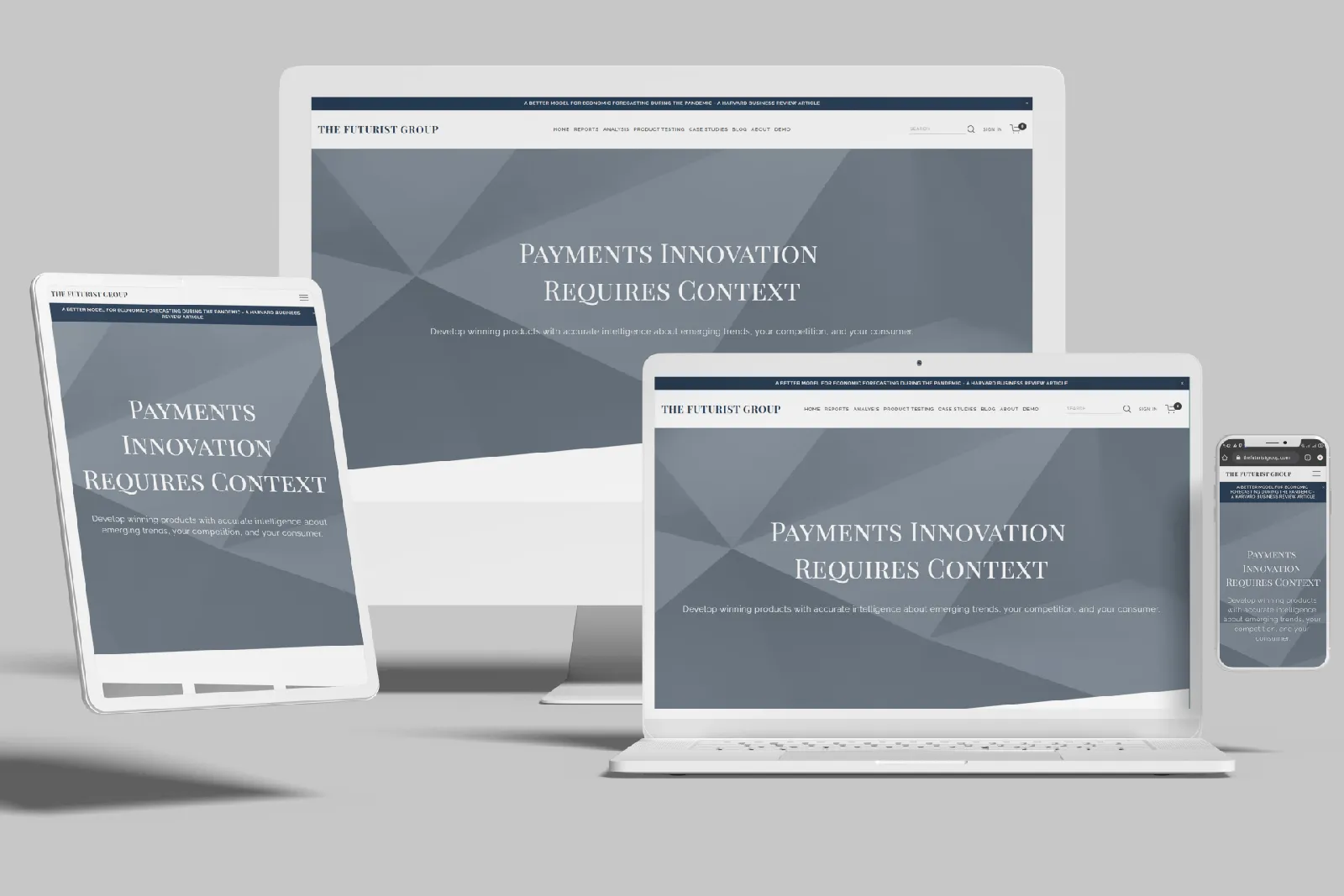 Financial research website shown on desktop, laptop, tablet and phone