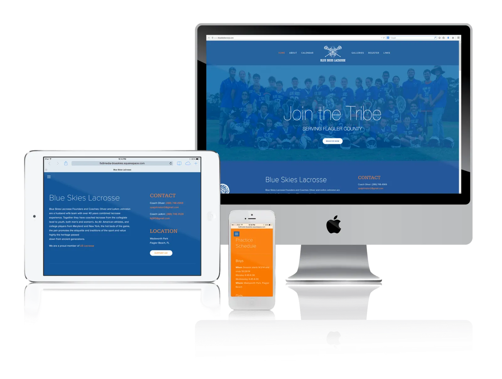 Lacrosse coaching website shown on desktop, laptop, tablet and phone