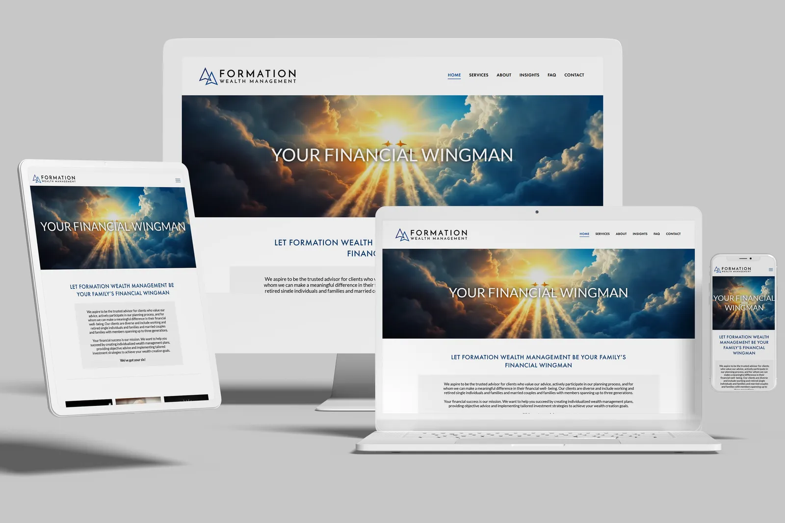 Wealth management firm website shown on desktop, laptop, tablet and phone