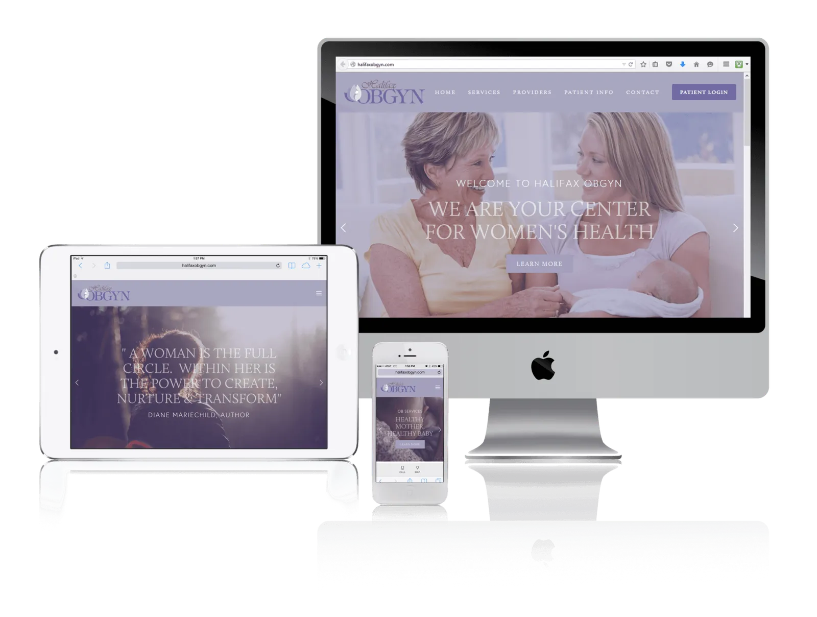 OB-GYN practice website shown on desktop, laptop, tablet and phone