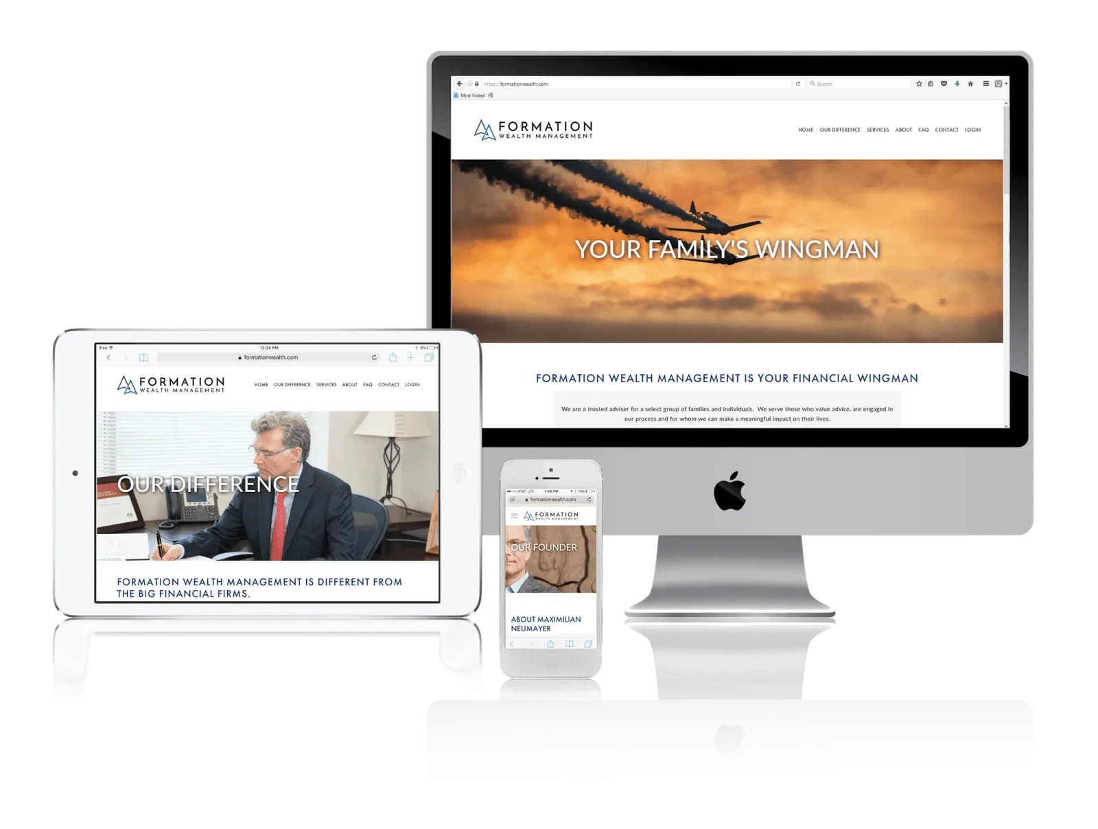 Financial advisor website shown on desktop, laptop, tablet and phone