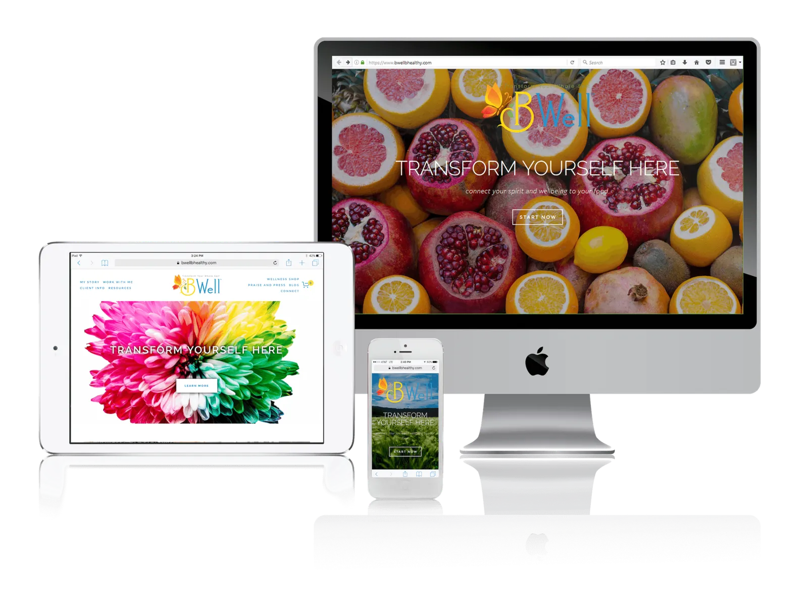 Wellness coach website shown on desktop, laptop, tablet and phone