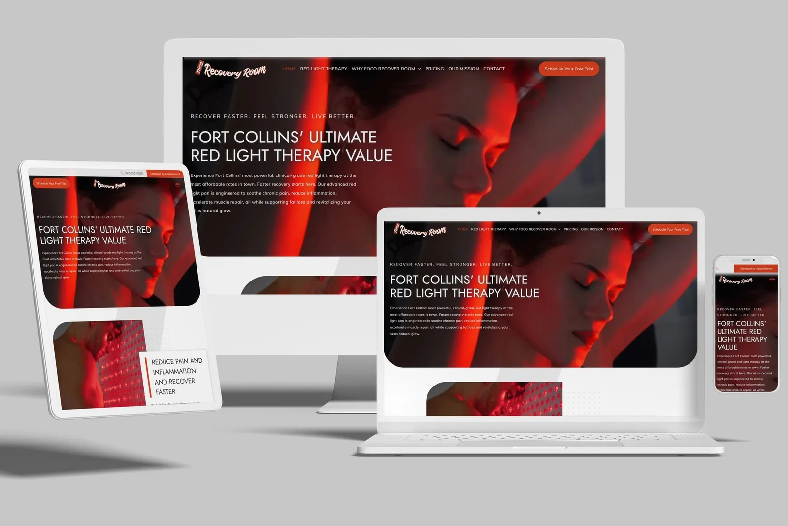 Red light therapy studio website shown on desktop, laptop, tablet and phone