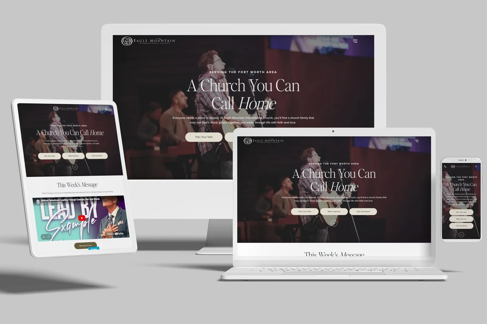 Church website shown on desktop, laptop, tablet and phone