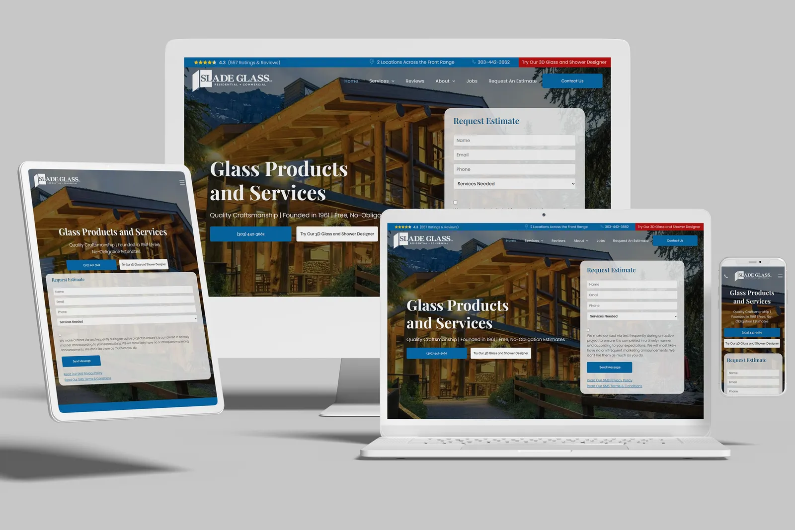 Glass company website shown on desktop, laptop, tablet and phone