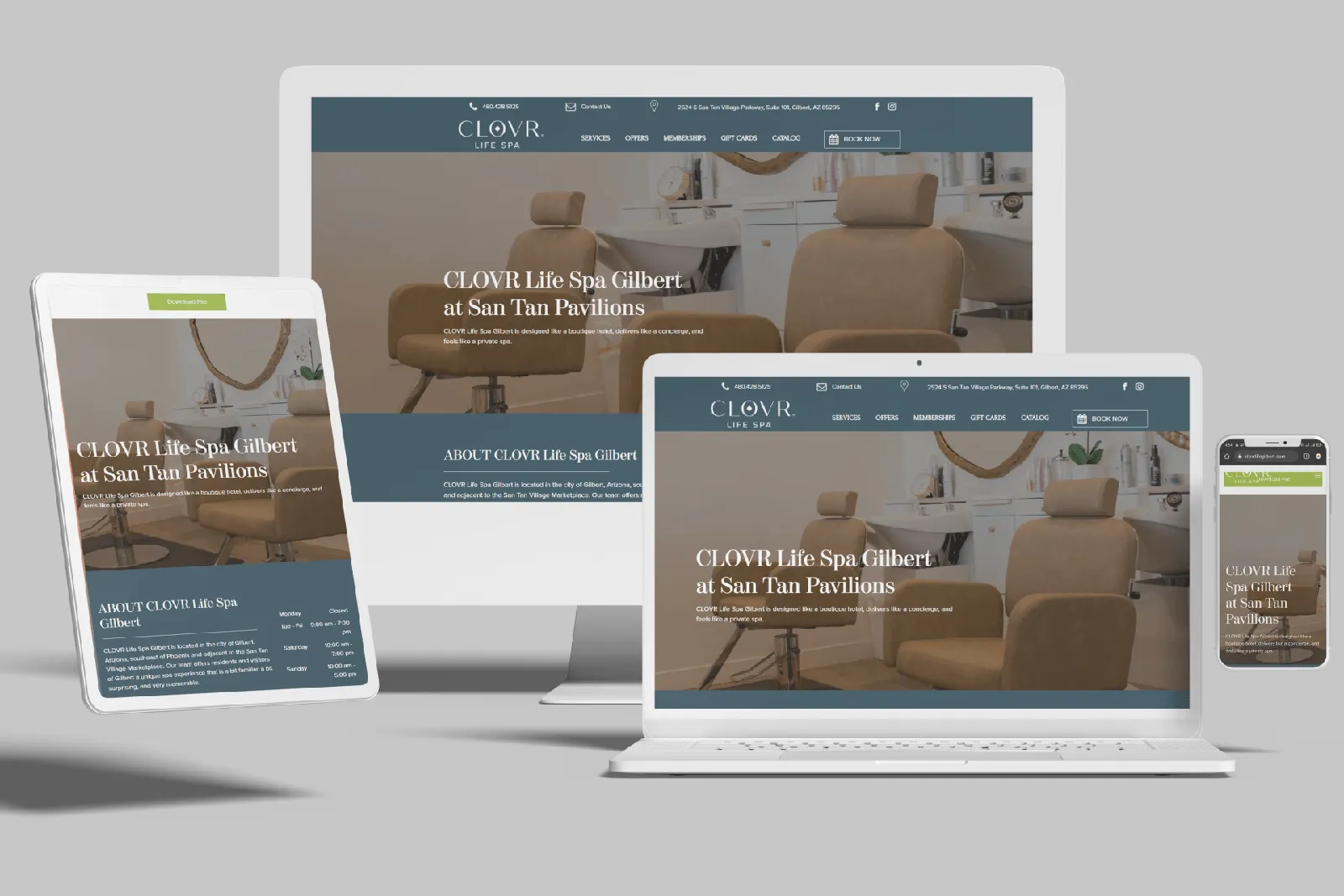 Spa website shown on desktop, laptop, tablet and phone