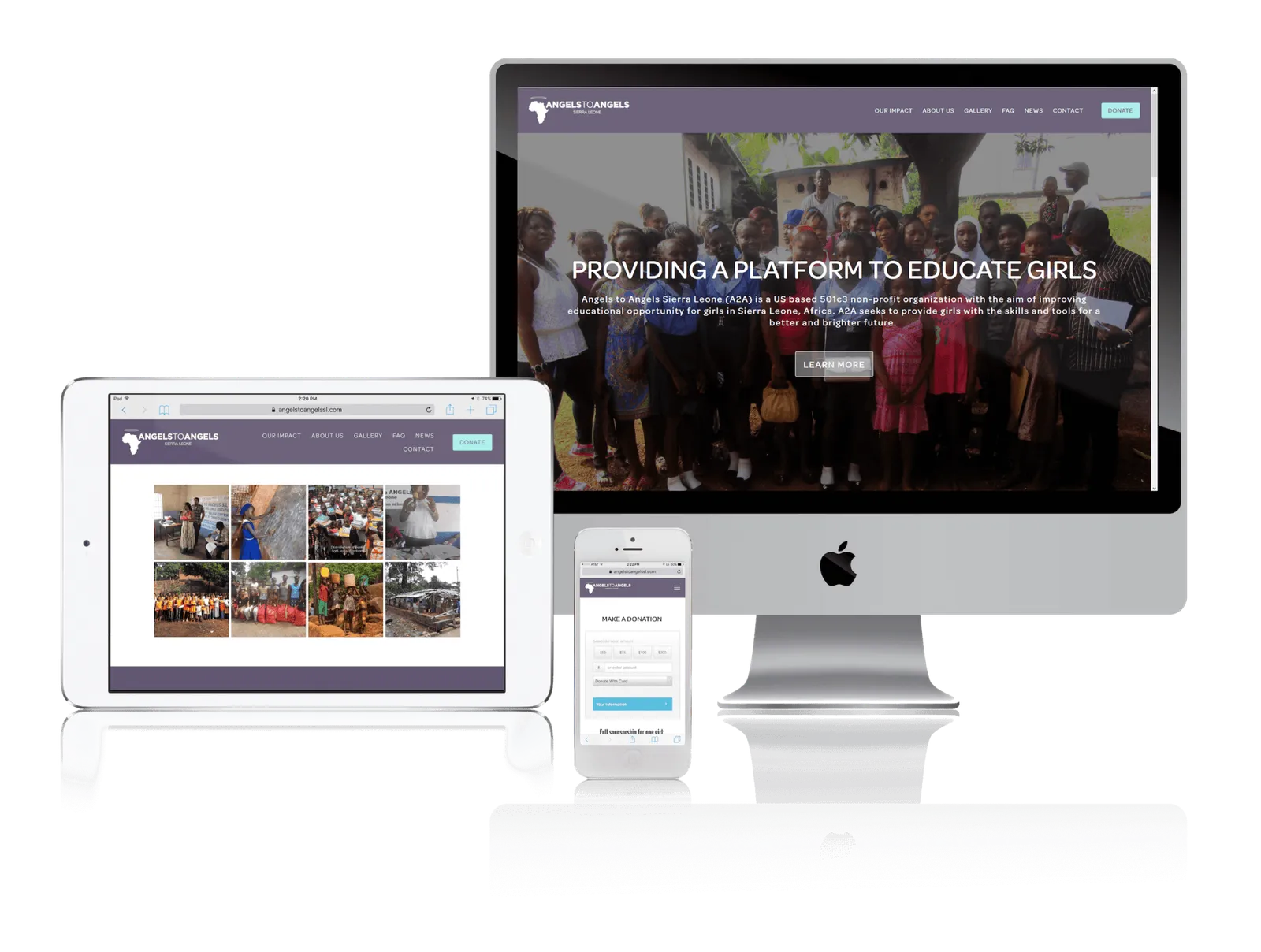 Girls' education nonprofit website shown on desktop, laptop, tablet and phone