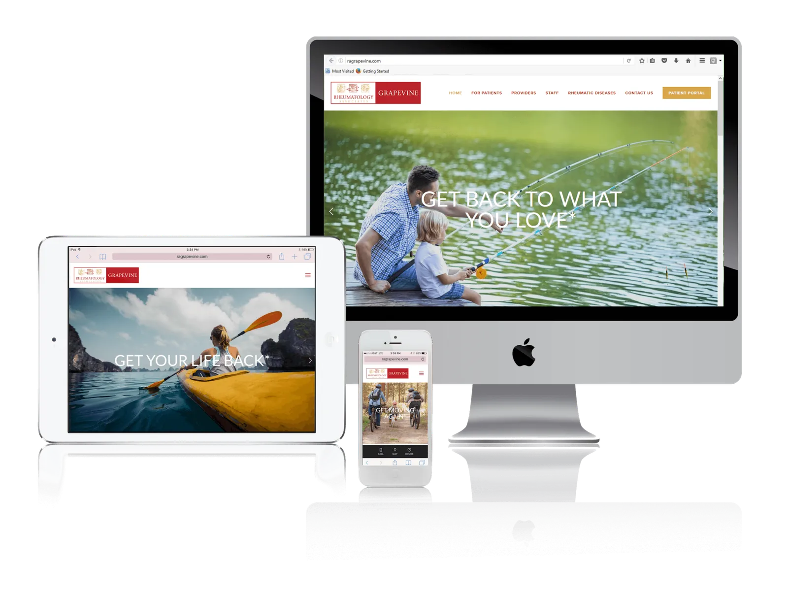Rheumatology practice website shown on desktop, laptop, tablet and phone
