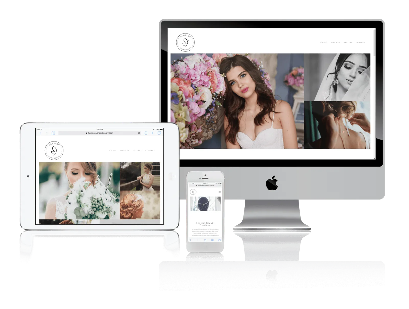 Bridal hair and makeup website shown on desktop, laptop, tablet and phone