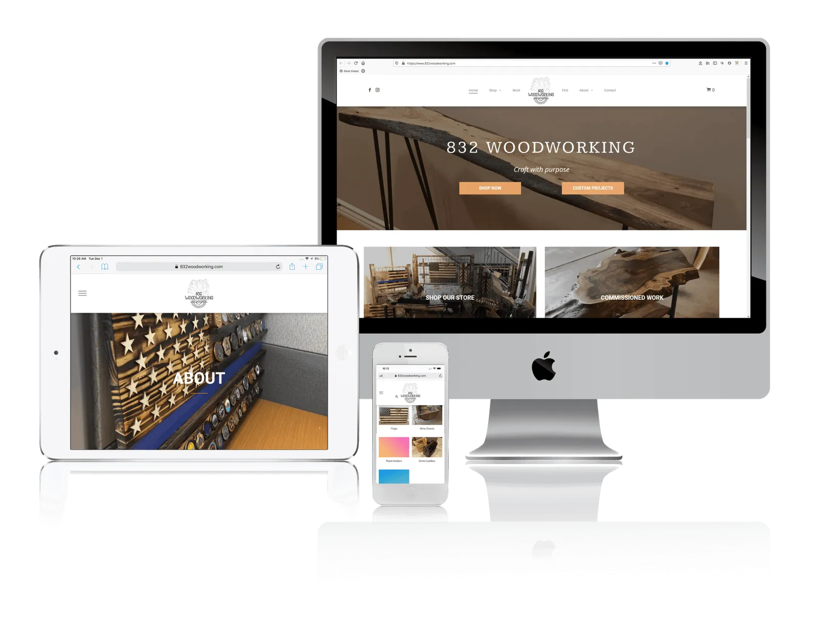 Woodworking shop website shown on desktop, laptop, tablet and phone