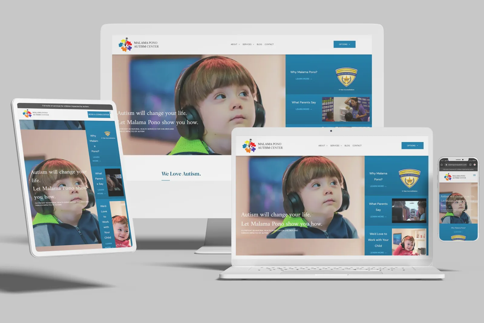 Autism therapy center website shown on desktop, laptop, tablet and phone