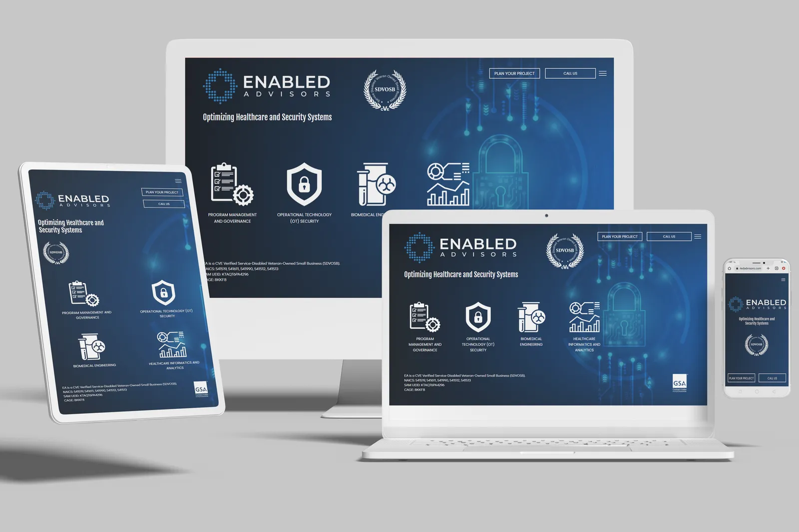 Advisory firm website shown on desktop, laptop, tablet and phone