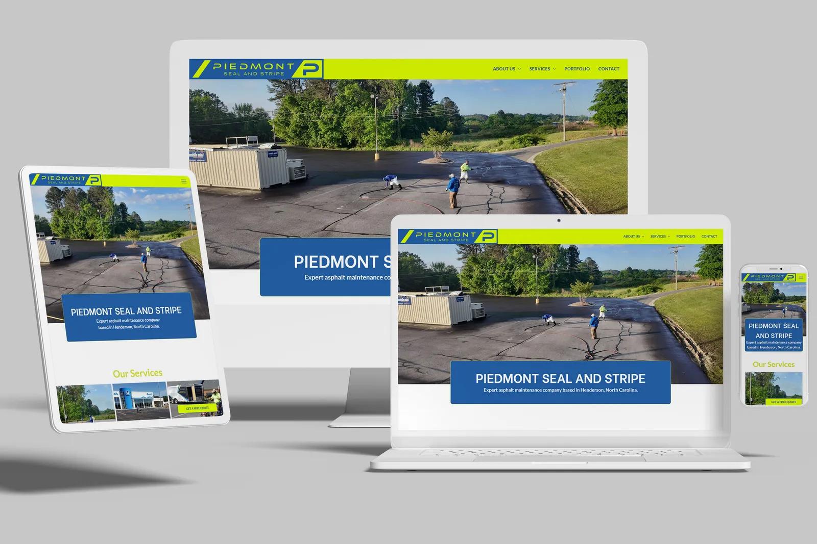 Asphalt maintenance company website shown on desktop, laptop, tablet and phone