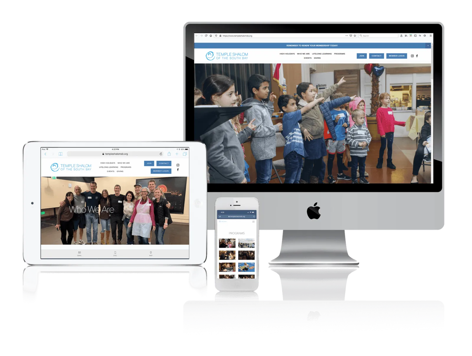 Temple website shown on desktop, laptop, tablet and phone