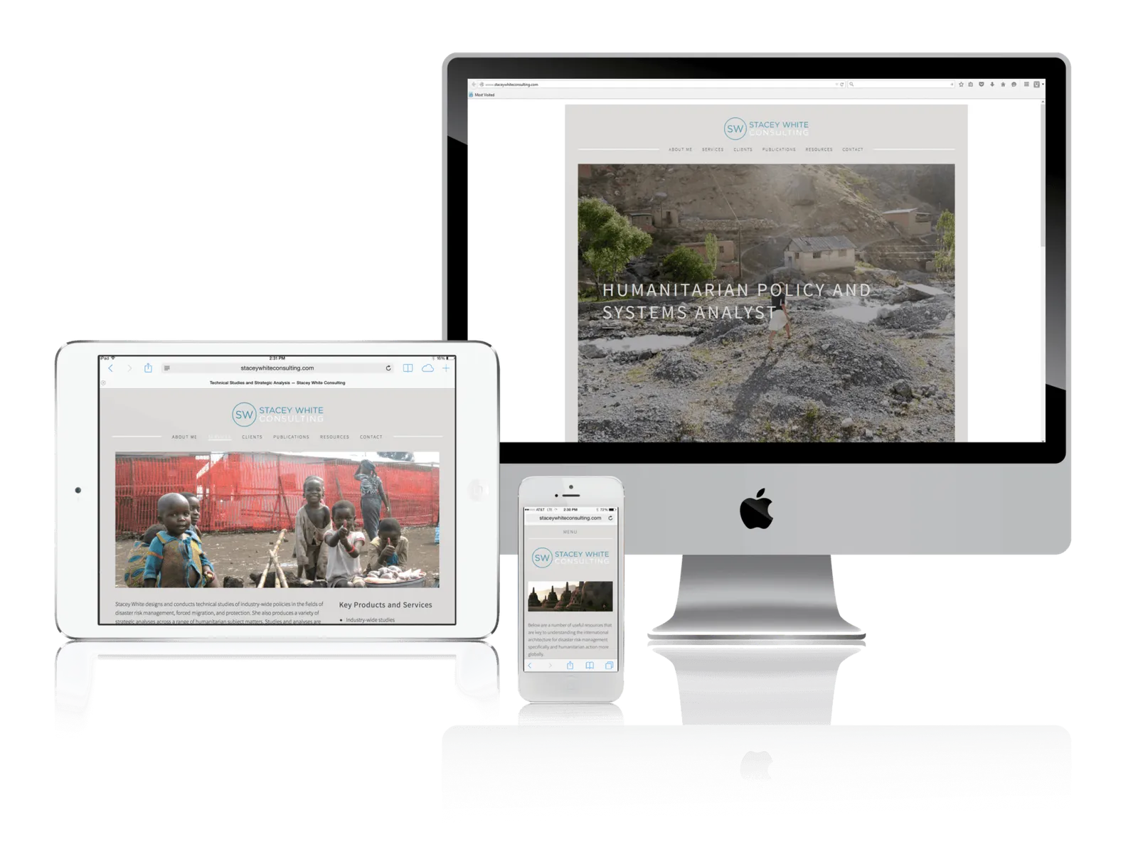 Humanitarian policy consultant website shown on desktop, laptop, tablet and phone