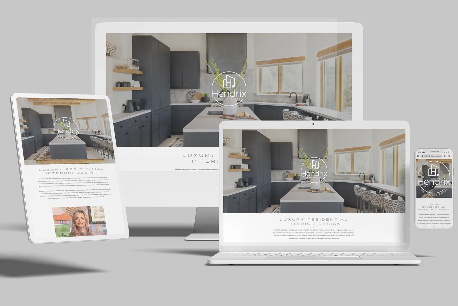 Interior design website shown on desktop, laptop, tablet and phone
