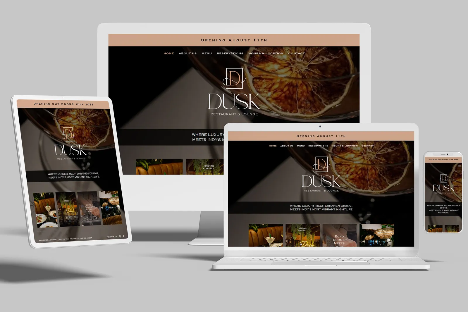 Restaurant and lounge website shown on desktop, laptop, tablet and phone