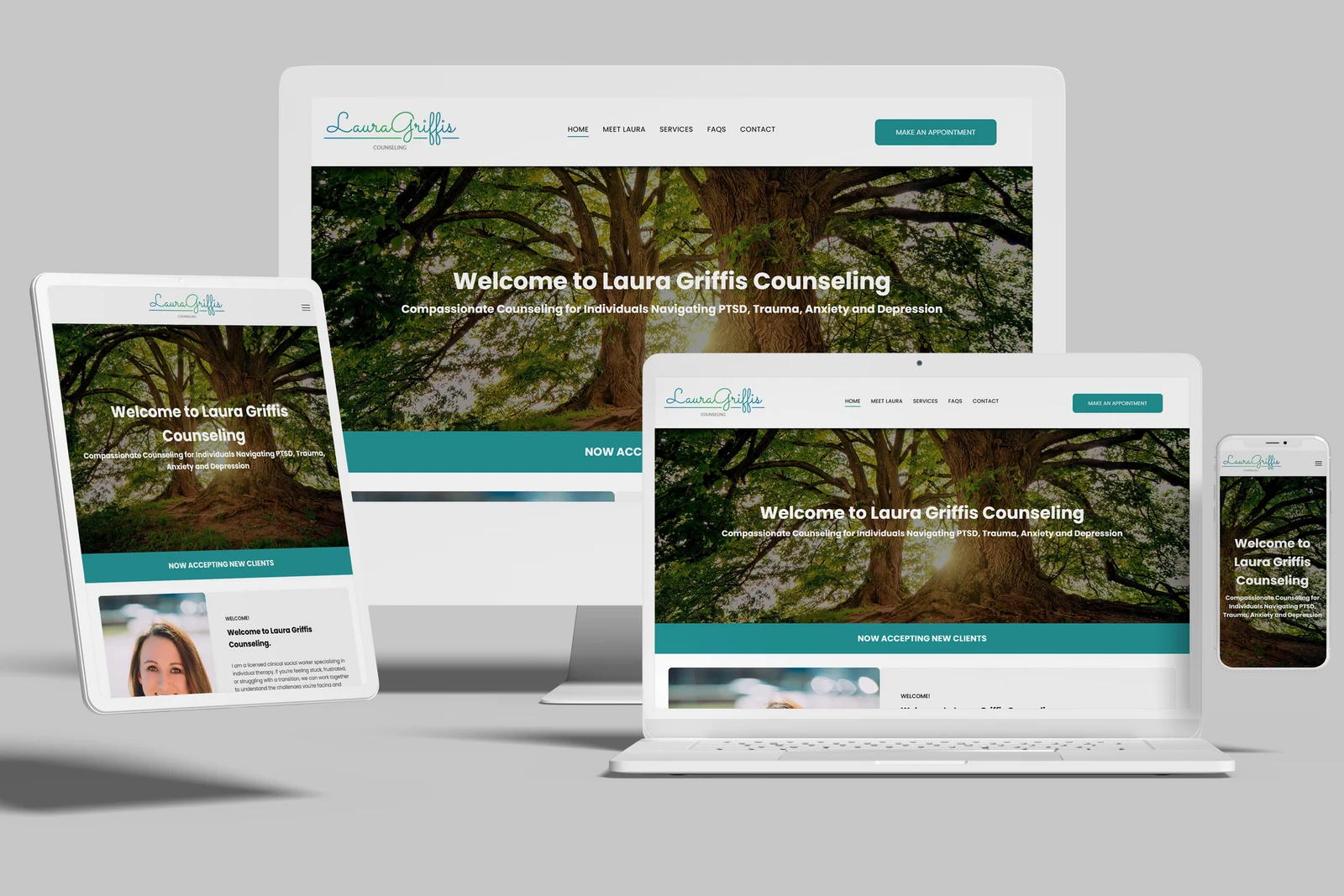 Counseling practice website shown on desktop, laptop, tablet and phone