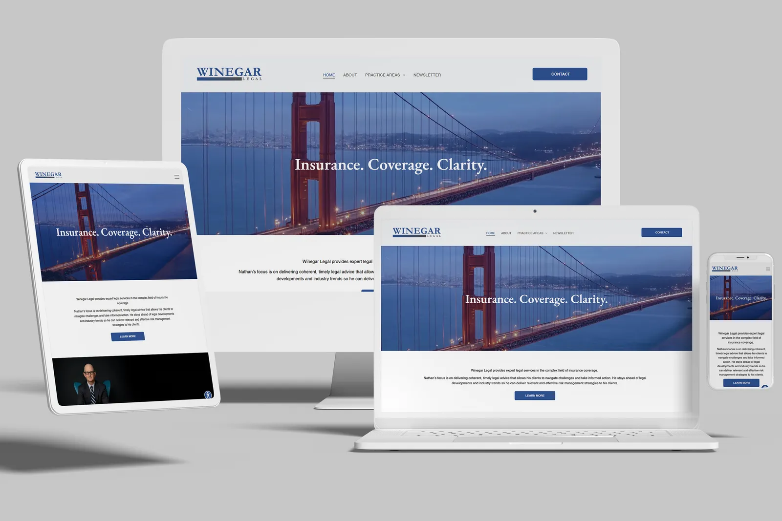 Law firm website shown on desktop, laptop, tablet and phone