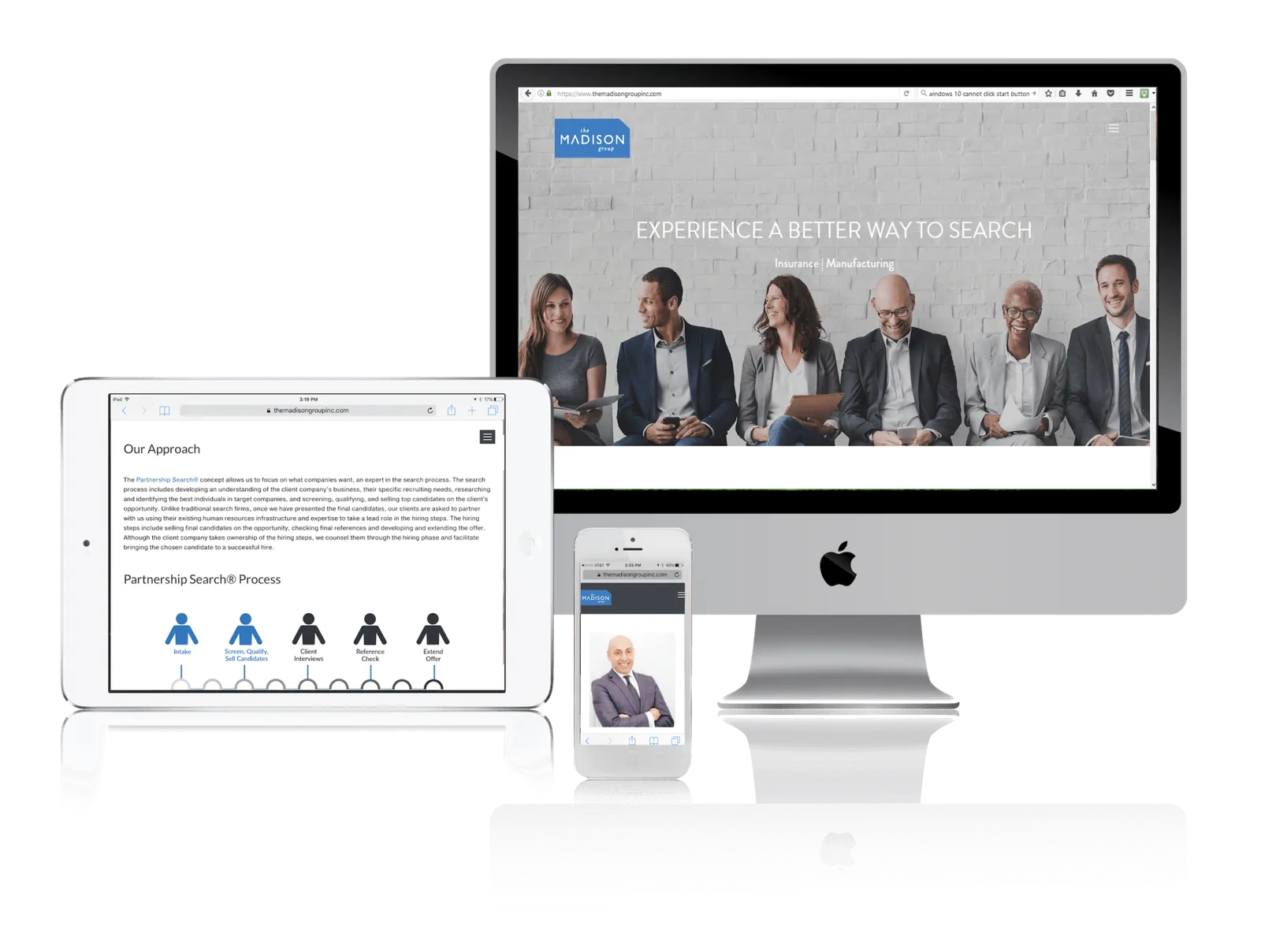 Executive search firm website shown on desktop, laptop, tablet and phone