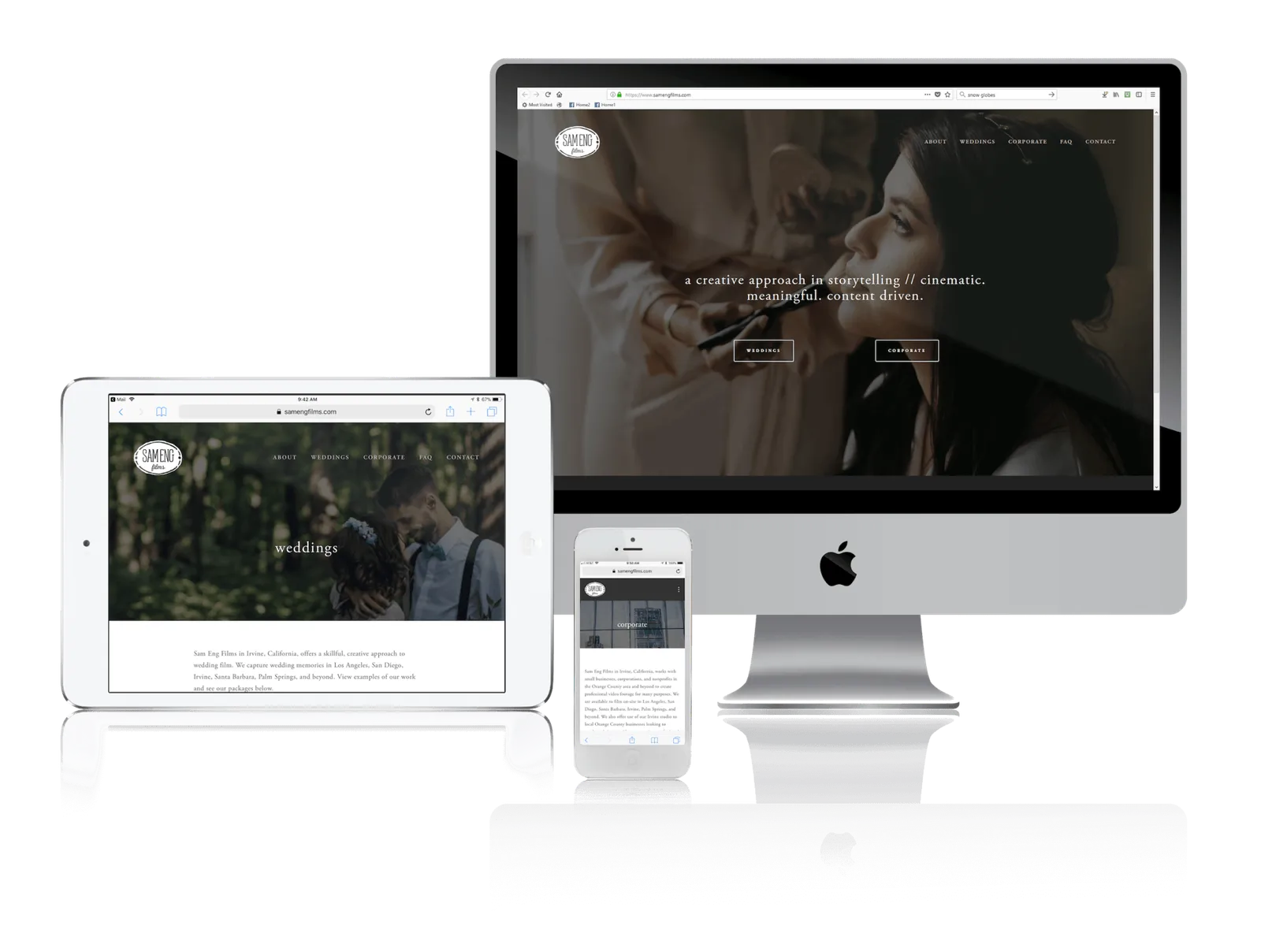Wedding and corporate videographer website shown on desktop, laptop, tablet and phone