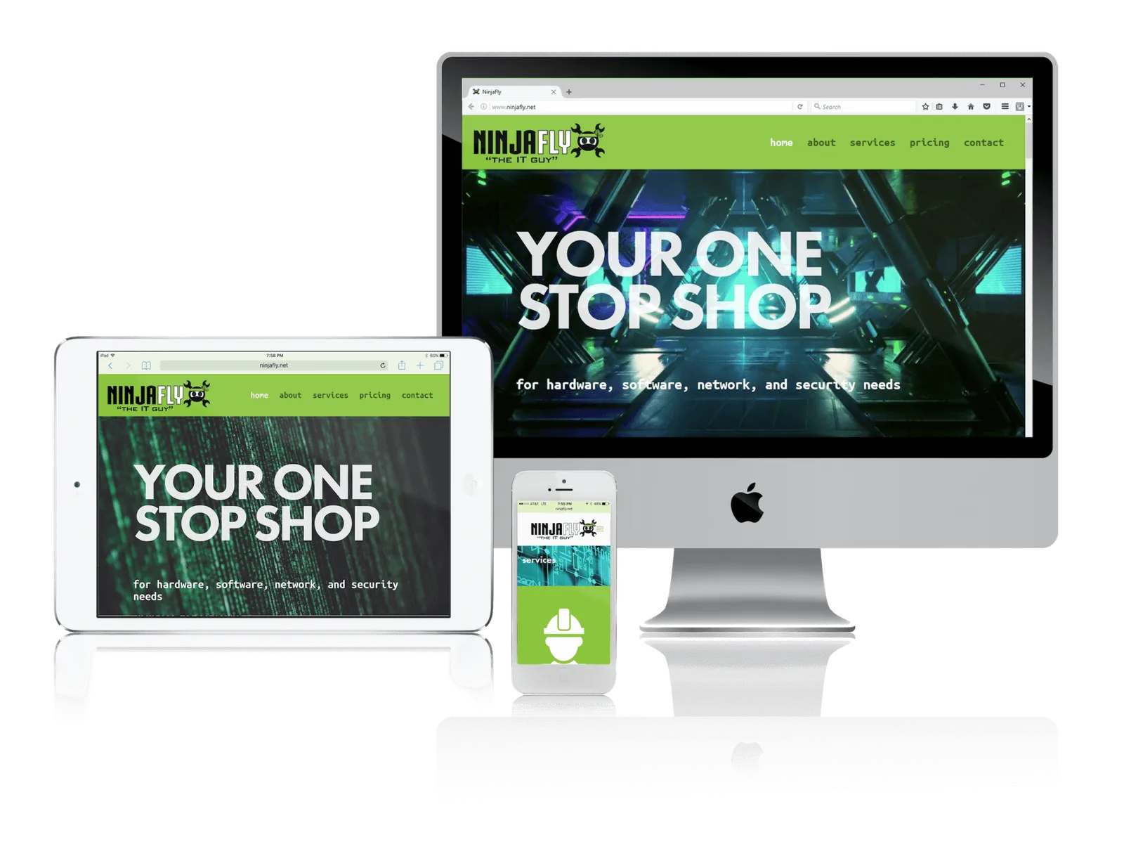 IT services company website shown on desktop, laptop, tablet and phone