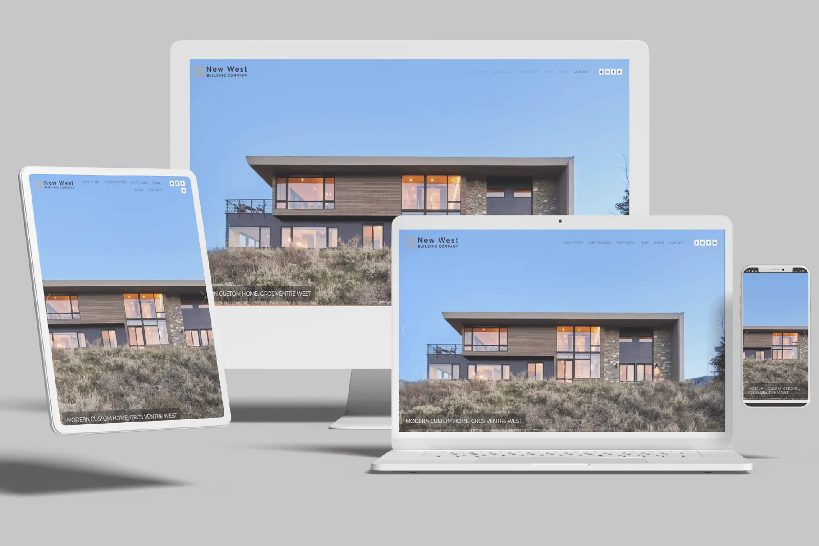 Custom home builder website shown on desktop, laptop, tablet and phone