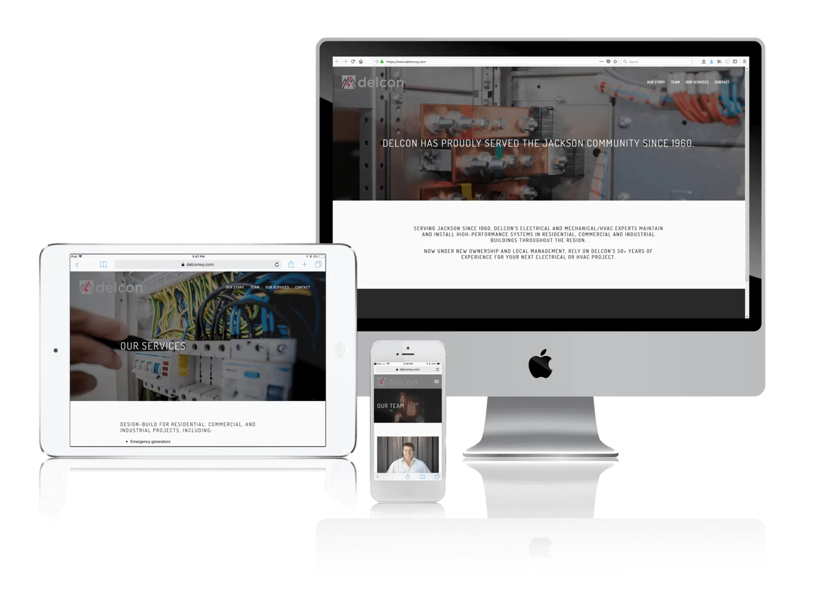 Electrical and mechanical contractor website shown on desktop, laptop, tablet and phone