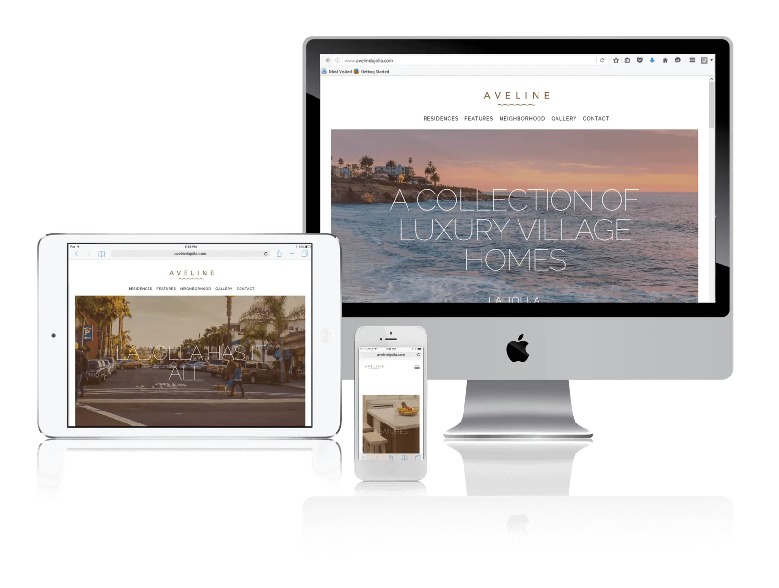 Luxury townhome development website shown on desktop, laptop, tablet and phone