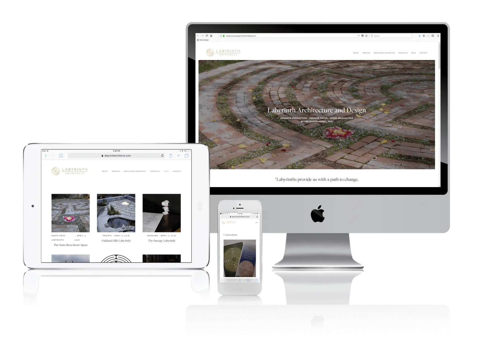 Labyrinth design and build studio website shown on desktop, laptop, tablet and phone