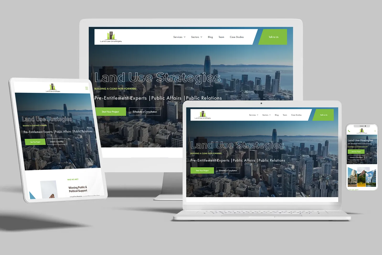 Urban planning firm website shown on desktop, laptop, tablet and phone