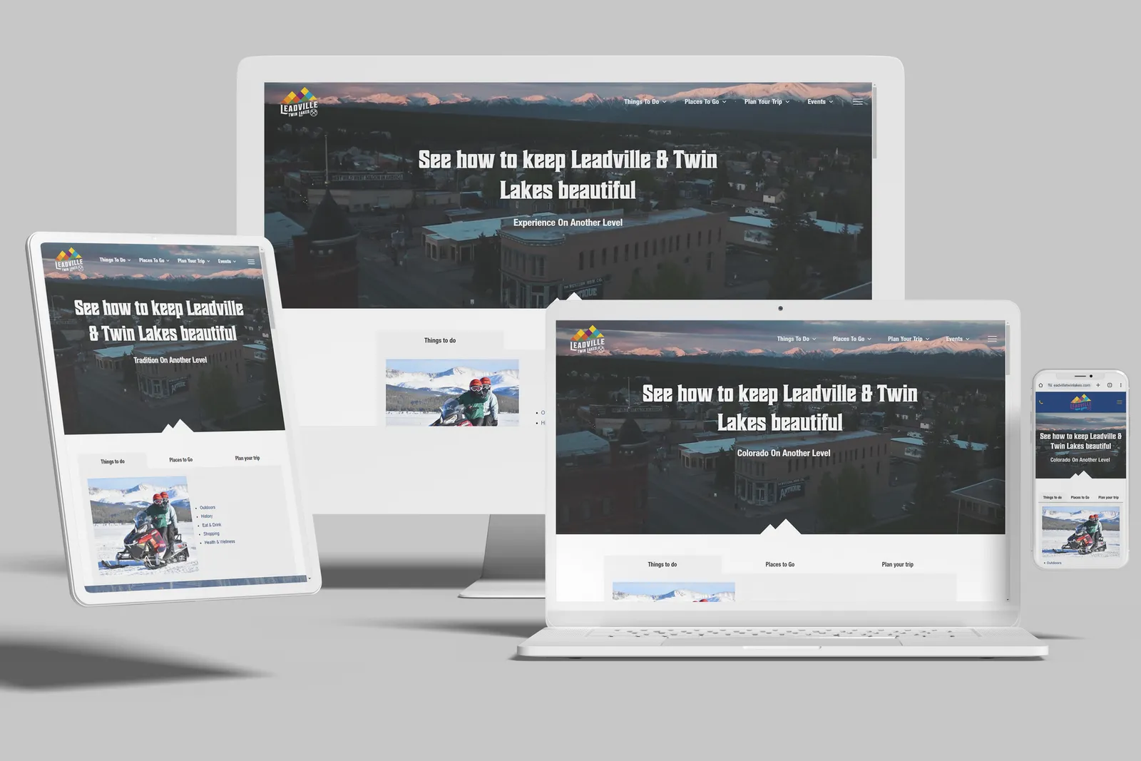 Tourism destination website shown on desktop, laptop, tablet and phone