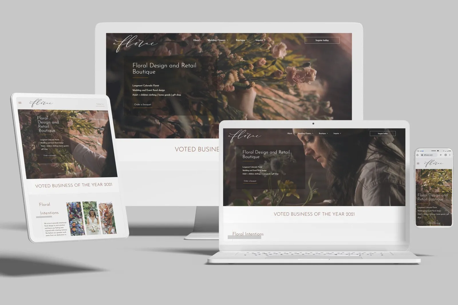 Floral design studio website shown on desktop, laptop, tablet and phone