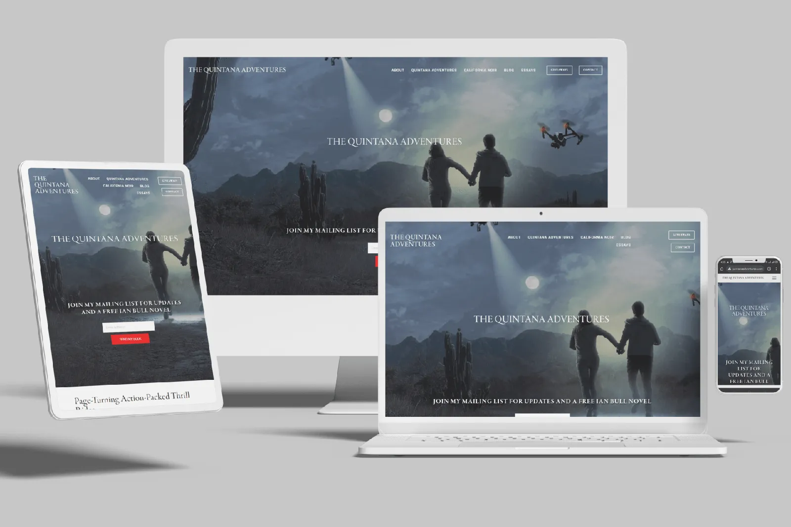 Thriller author website shown on desktop, laptop, tablet and phone