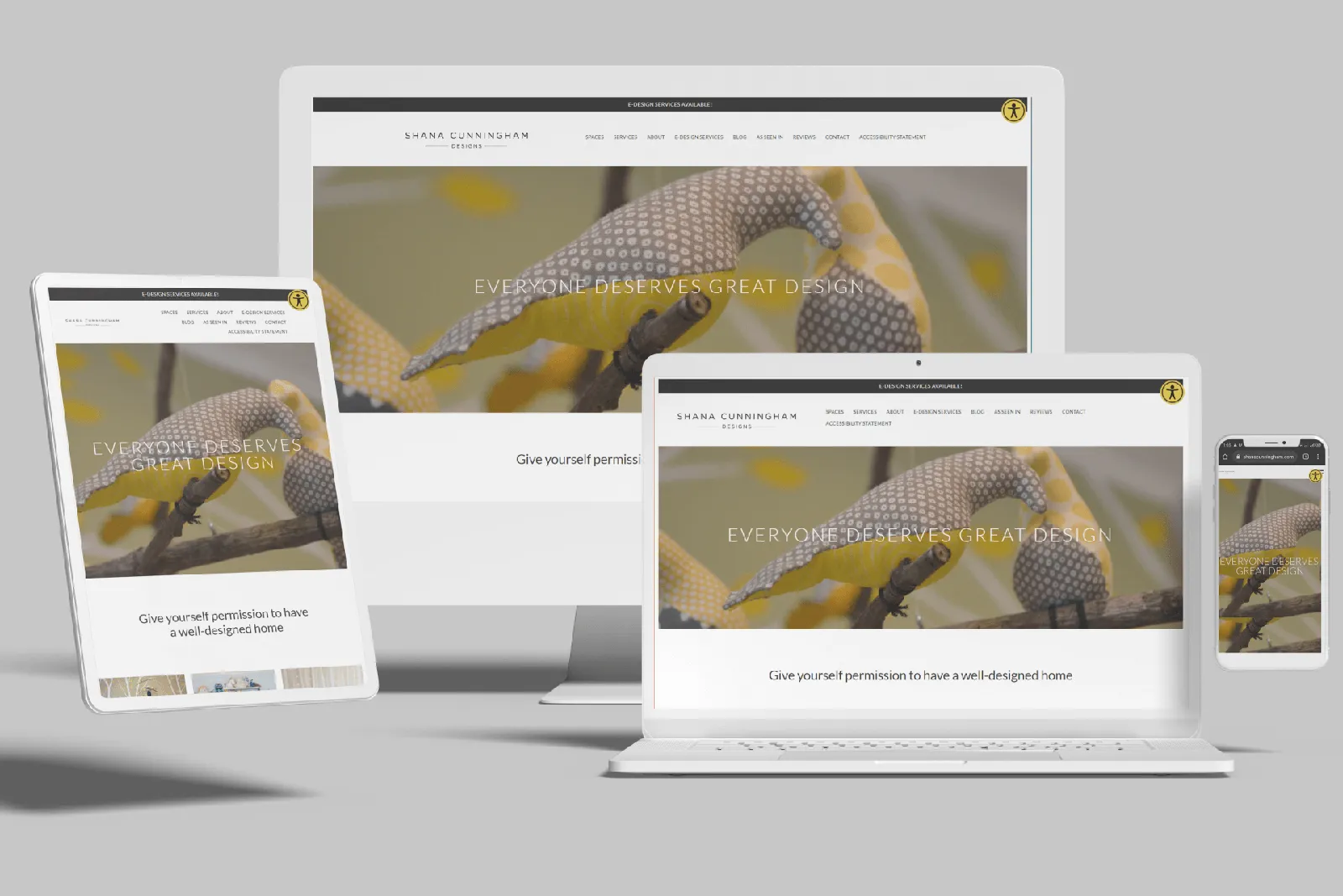 Interior designer website shown on desktop, laptop, tablet and phone