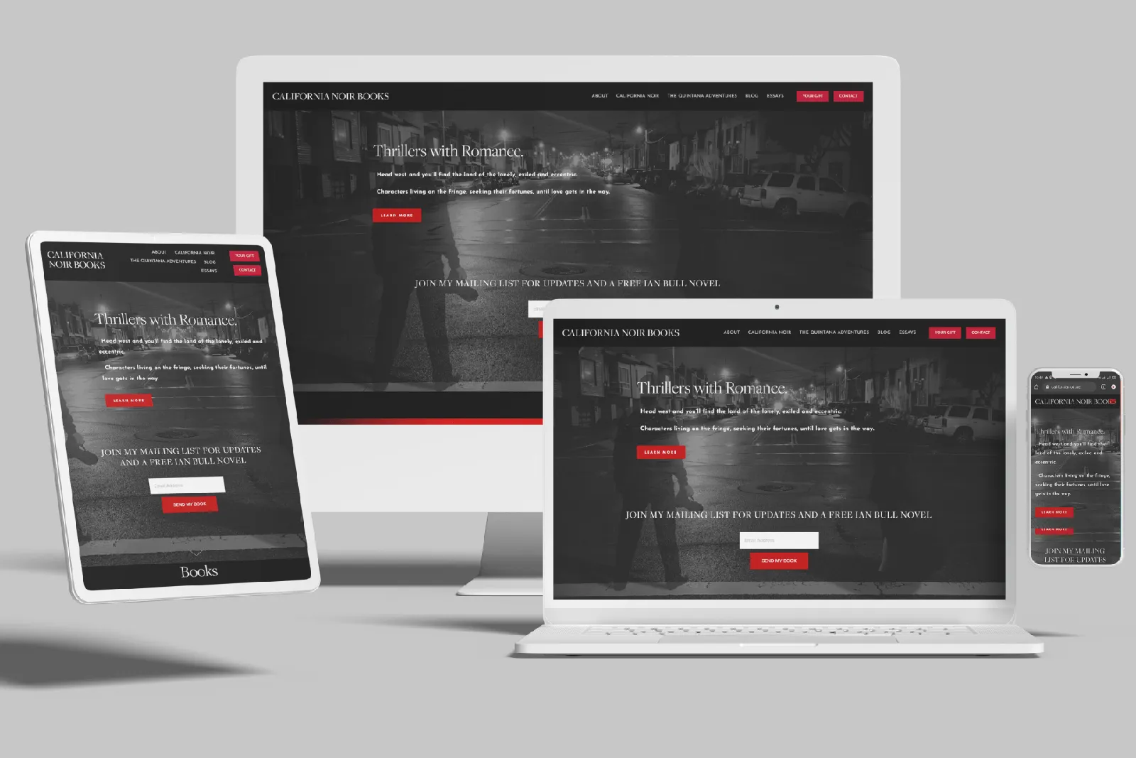 Romantic thriller writer website shown on desktop, laptop, tablet and phone