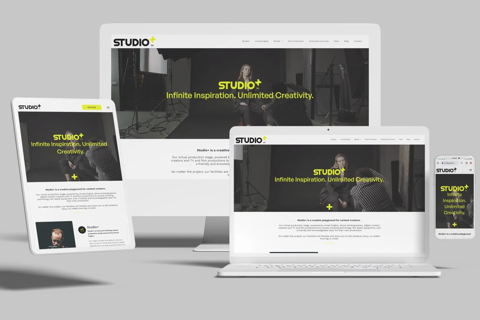 Production studio website shown on desktop, laptop, tablet and phone