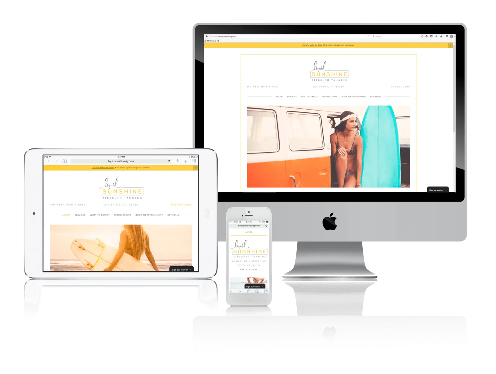 Spray tanning salon website shown on desktop, laptop, tablet and phone